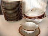 a stack of plates and bowls on a table