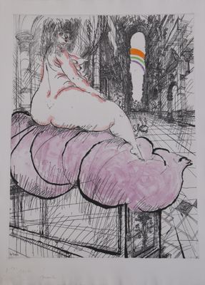 dessin représentant une femme assise sur une fleur, avec un arc-en-ciel en arrière-plan