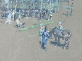 un tableau représentant un homme menant un cheval à travers une forêt