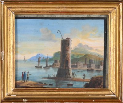 tableau représentant une vue d'un port avec des bateaux et des personnes sur l'eau