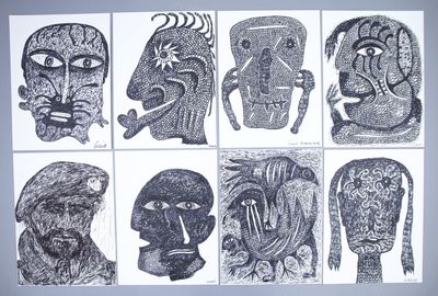 several black and white drawings of faces on white paper