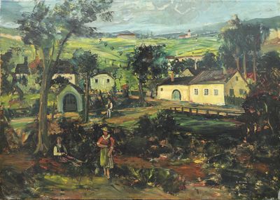 une peinture à l'huile représentant une scène de vie à la ferme avec un homme et une femme