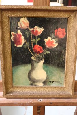 a picture of a painting of flowers in a vase on a table