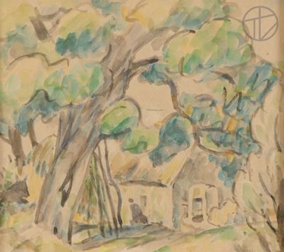 painting of a house and trees in a field with a bird flying overhead