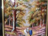 tableau représentant un homme et une femme promenant un cheval dans une zone boisée
