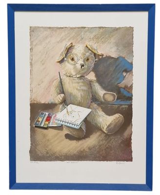 tableau représentant un ours en peluche assis par terre à côté d'un livre