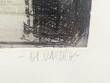 a drawing on the wall of a bathroom with a picture of a building