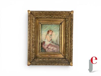 an image of a painting of a woman in a pink dress