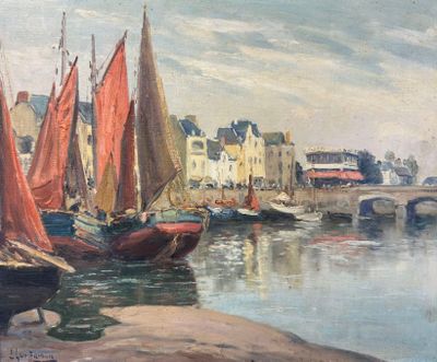 tableau représentant une scène portuaire avec des voiliers et un pont en arrière-plan