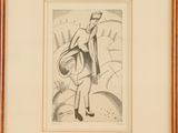 drawing of a man carrying a basket in a wooden frame