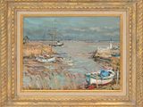 une peinture à l'huile représentant des bateaux dans un port par temps nuageux