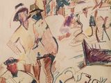 dessin représentant un groupe de personnes assises sur une plage au bord d'un plan d'eau