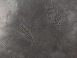an image of a close up of a silver plate with a logo on it