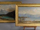 deux tableaux représentant des montagnes et un lac, dans un cadre doré
