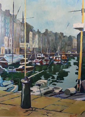 painting of boats docked in a harbor with buildings in the background