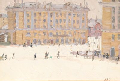 un tableau représentant des personnes marchant dans la neige devant un immeuble