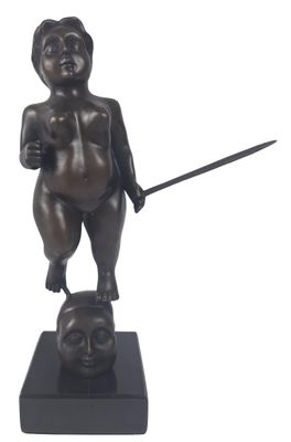 statue of a boy with a sword and a cat on a stand