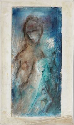 an image of a painting of a woman in a blue dress