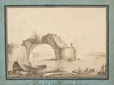 tableau représentant un bateau sur un plan d'eau, avec un rocher en arrière-plan