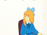 animation production cel of a girl sitting at a desk with a book