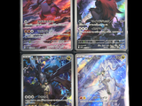 four different pokemon cards are shown on a black background