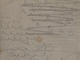 a drawing of a boat on the water with mountains in the background
