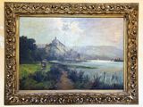 peinture d'un paysage avec une rivière et un château au loin