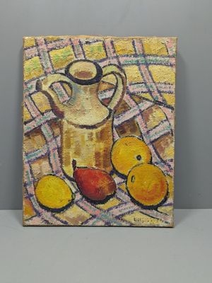 peinture représentant un tableau représentant un pichet et deux poires posés sur une table