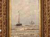 a painting of a boat in the ocean with a flag on it