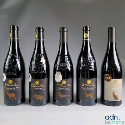 six bouteilles de vin sont alignées sur une table