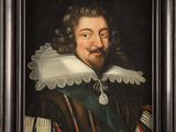 a painting of a man with a beard in a black frame