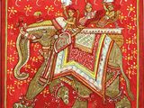 une image représentant un tableau où l'on voit un couple chevauchant un éléphant