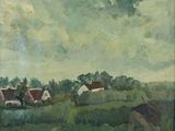 peinture représentant un tableau représentant un paysage avec des maisons au loin