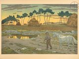 painting of a man leading a white horse across a field