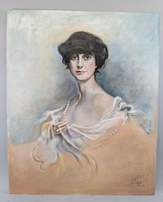 a painting of a woman in a white dress with a scarf around her neck