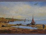 une peinture à l'huile représentant des bateaux sur une plage près d'un plan d'eau