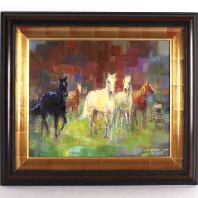 tableau représentant un groupe de chevaux dans un champ, avec une grange rouge en arrière-plan