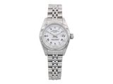 rolex lady ' s watch with white dial and roman numerals