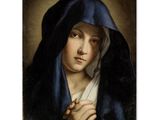 un tableau représentant une femme vêtue d'une robe bleue tenant un chapelet