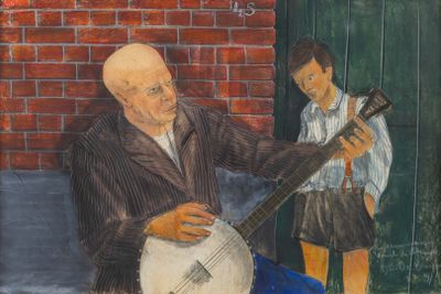 tableau représentant un homme jouant du banjo, avec une petite fille debout à ses côtés