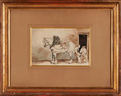 une image représentant un tableau où l'on voit un homme et un cheval dans une écurie