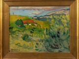 an oil painting of a landscape with a red house in the distance