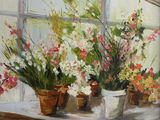 a painting of flowers on a table by a window