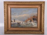 une peinture à l'huile représentant des bateaux sur une rivière, avec une maison en arrière-plan