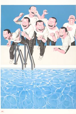 painting of a group of men sitting on a ledge next to a swimming pool