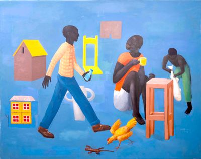 a painting of a man walking past a bunch of bananas