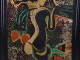 painting of a woman in a black dress holding a flower in her right hand