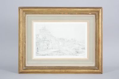 a framed drawing of a cityscape in a gold frame