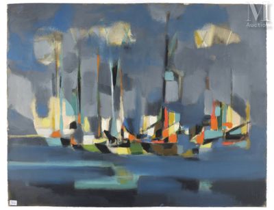 peinture d'un groupe de voiliers flottant sur un plan d'eau