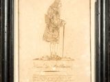 an old drawing of a man with a cane in a frame